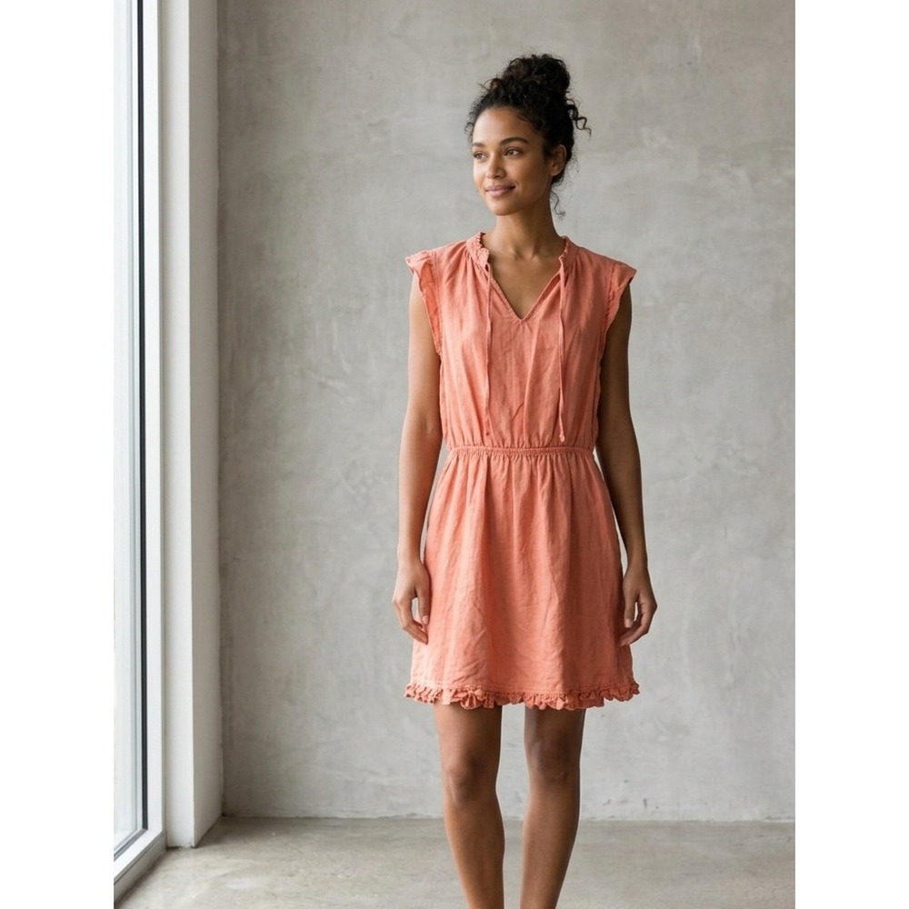 Bella Dahl Linen Boho Ruffle Tie Neck Elastic Waist Mini Dress Orange Large
